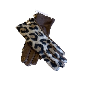Women's leopard print suede winter gloves with touch screen tips and metal buckle