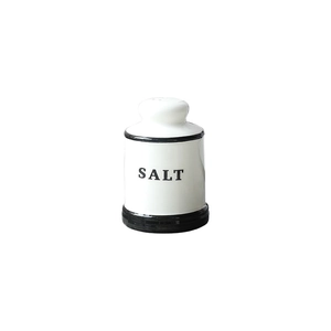 Spargisale in ceramica in stile europeo bianco con accenti neri e scritta SALT incisa