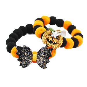 Halloween pet collar with pumpkin and bat motifs featuring orange and black pom-poms