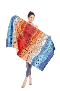 Detail of bohemian mandala microfiber beach towel showing vibrant patterns and quick-dry texture
