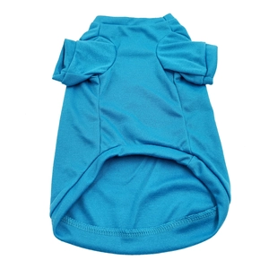 Flat lay of a bright blue pet cotton T-shirt featuring a breathable crew neck design