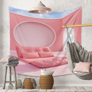 Detail of surrealist interior scenery tapestry with pink tones on a white textured wall