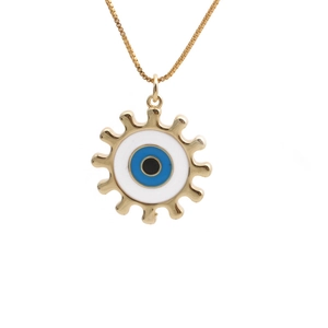 Golden necklace with Evil Eye pendant featuring white, blue and black enamel details