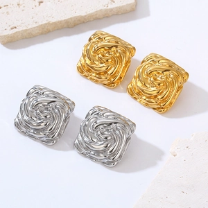 Square Stud Earrings 18K Gold Plated Stainless Steel Textured Swirl Pattern Geometric Minimalist Retro Fashion For Women
