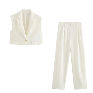 Women's two-piece suit with sleeveless crop vest and high-waisted wide-leg trousers in beige