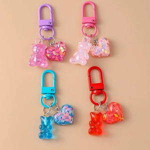 Cute Gummy Bear Heart Keychain Resin Translucent Glitter Pendant Bag Charm Metal Clasp For Girls