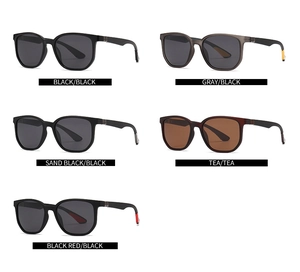 Detailed grid of oversized polarized sunglasses in five classic frame color combinations