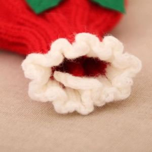 Close-up of red knitted Christmas wine bottle cover with white ruffles and green felt leaf