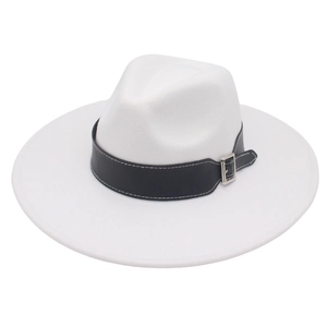 Close-up of white wool fedora hat featuring a black leather belt with silver buckle