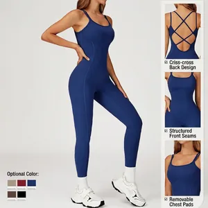 Combinaison de yoga moulante à fines bretelles et dos croisé en bleu marine