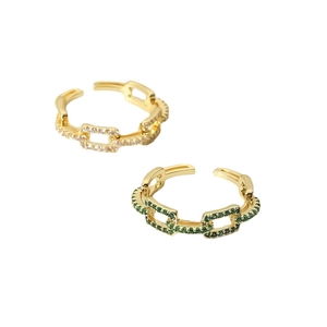 Adjustable 18k gold plated chain link rings featuring white and green zircon stones