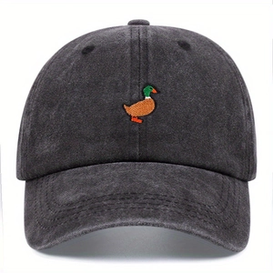 Classic dark grey washed baseball cap with embroidered colorful duck pattern on front