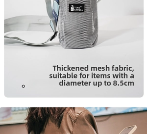 Detail of gray thickened mesh water bottle holder with adjustable crossbody strap