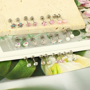 24-piece pink stainless steel earring set with heart, star, pearl, and floral designs