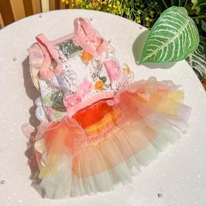 Detailed view of pink and orange pet dress with lace ruffles and floral bow ornaments