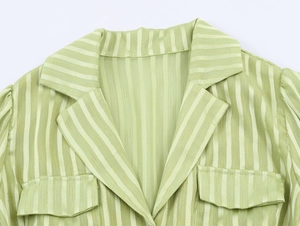 Detail of light green striped dress collar and pocket with subtle metallic shimmer