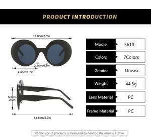 Size chart showing specs for 5610 round frame sunglasses with PC lens and frame details