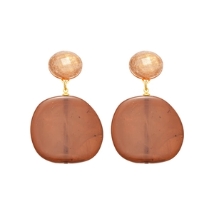 Brown and peach resin drop earrings with silver needle studs on white background