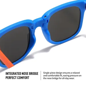 Detail view of integrated nose pads on blue foldable kids sunglasses for comfort