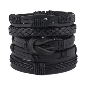 Retro Multi-layer Leather Bracelet Combined Woven Cord Alloy Charms Wood Beads Handmade Adjustable Punk Style Unisex Jewelry Gift