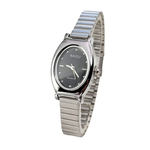 Elegant NAIDU silver quartz watch with a black oval dial and flexible metal strap