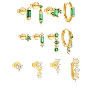 Green Zircon Square Geometric Stud Hoop And Drop Earrings With 925 Sterling Silver Earring Post Gold Plated For Women