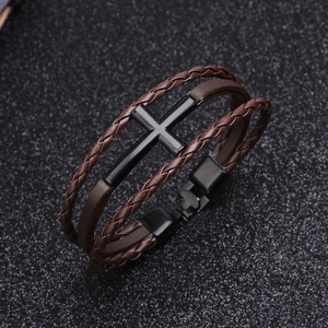 Men's multilayer brown leather bracelet featuring a black metal cross and secure clasp