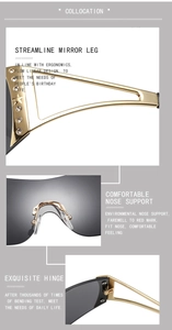 Detail of Y2K rimless sunglasses featuring golden temples and ergonomic nose pads