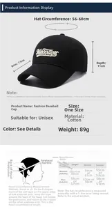 Size chart showing 56-60cm circumference and measurements for the cotton baseball cap