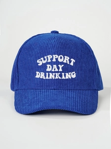 Detailed view of white support day drinking embroidery on a blue corduroy baseball cap