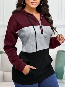 Women's color block hoodie with burgundy, grey and black panels and a ring zipper detail
