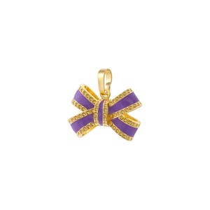 Macro detail of purple enamel bow pendant with gold plating and sparkling crystals