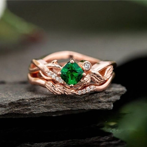 Dames Natuur Geïnspireerde Tak Rank Ring Met Vierkante Groene Zirkoon Roségoud Verguld Koper Blad Esthetische Sieraden