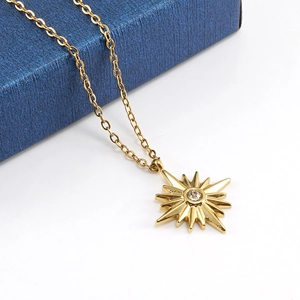 Gold plated 18K stainless steel sunburst necklace with central crystal pendant