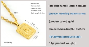 Detailed specs of 18K gold plated stainless steel rectangle pendant with letter A