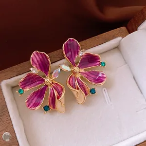 Flower Stud Earrings Enamel Alloy Rhinestone Vintage Elegant Jewelry For Women With 925 Sterling Silver Earring Post