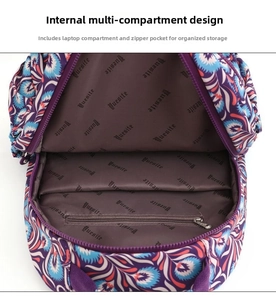 Detail view of large capacity oxford backpack with laptop compartment and inner zipper pocket