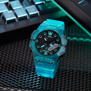 Detail of teal digital sports watch with dual display on high-tech grid background