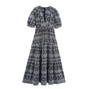 Elegantes Maxi Kleid Mit V Ausschnitt Stickerei Lochstickerei Marineblau Puffärmel A Linie Ethno Urlaub Damen