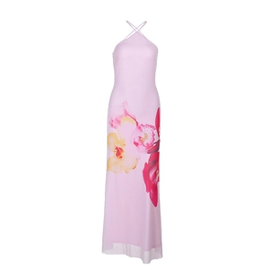 Pink halter neck maxi dress with floral print and backless design for women