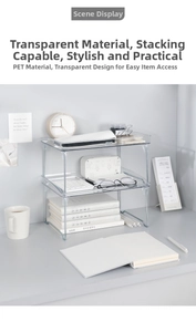 Macro detail of transparent PET acrylic desktop organizer showing stackable tiered storage layers