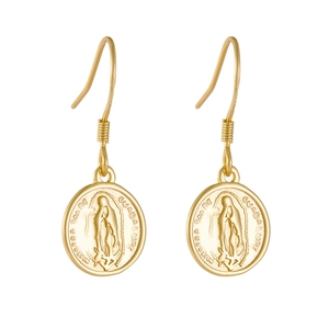 925 silver golden coin drop earrings with embossed Virgin Mary on a white background