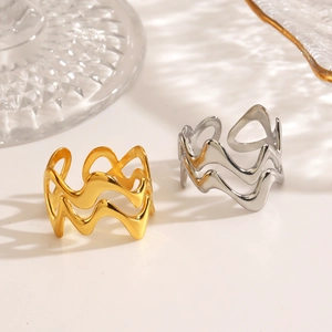 Stainless Steel Wavy Open Ring 18K Gold Plated Minimalist Geometric Intertwined Lines Fashion Finger Jewelry For Women