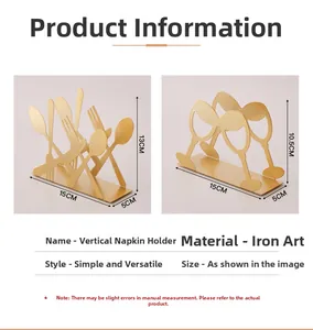 Detailed view of gold iron vertical napkin holders with cutlery and wine glass shapes