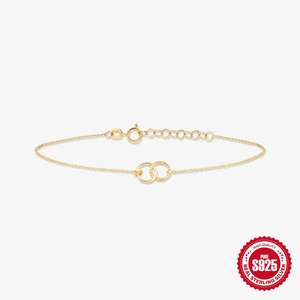 Minimalist 925 Sterling Silver Double Interlocking Rings Bracelet For Women Zirconia Sparkling Round Circle Adjustable Chain Jewelry