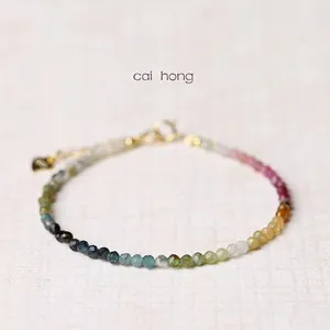 Gemstone Beaded Bracelet Rainbow Gradient Natural Tourmaline Minimalist Delicate Thin Hand Jewelry For Women Heart Charm