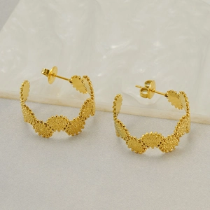 Stainless Steel 18K Gold Plated Dotted Gear Geometric C Shape Hoop Earrings Vintage French Style Minimalist For Women