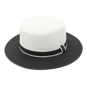 Summer boater straw hat with contrast black and white weaving and ribbon for sun protection