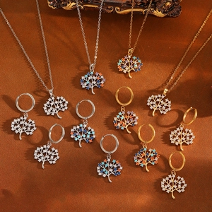 Elegant Tree of Life necklace and earring set with colorful zirconia in silver and gold