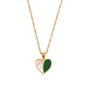 Minimalist 18K gold plated heart necklace with shell and green enamel on a cable chain